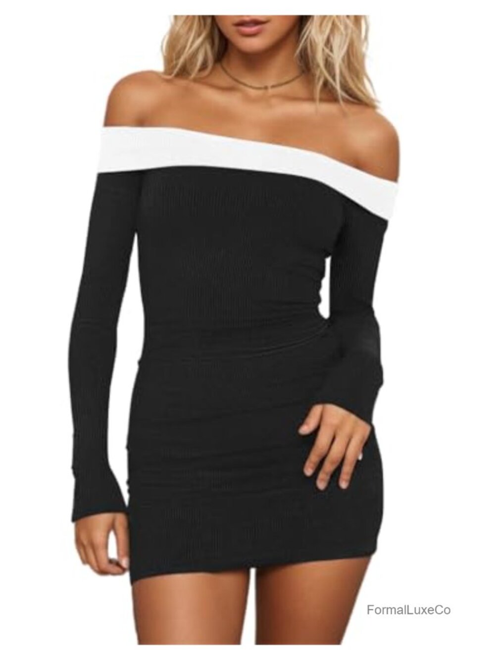 Off Shoulder Ribbed Long Sleeve Bodycon Mini Dress Sexy Clubwear